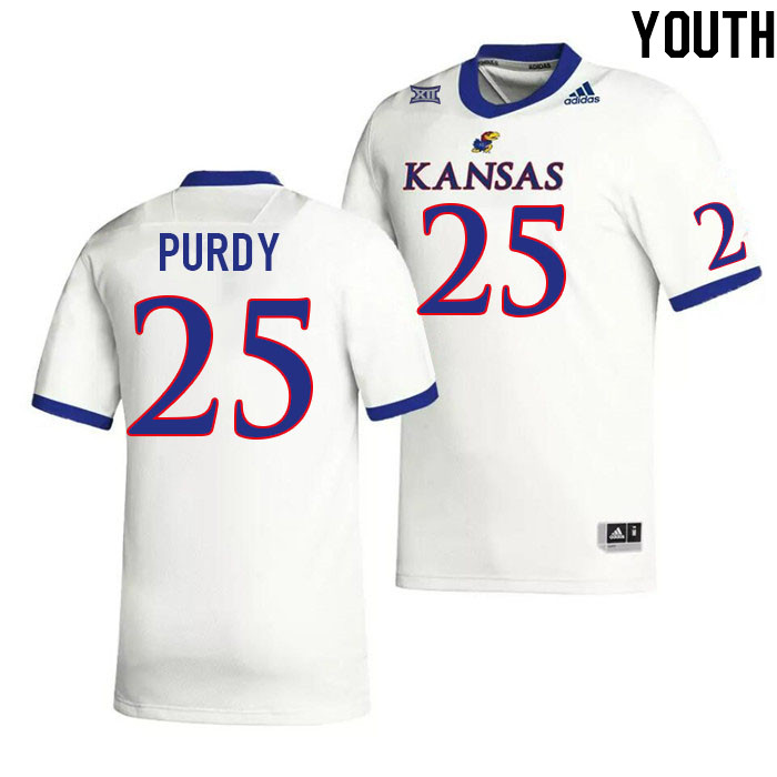 Youth #25 Kaleb Purdy Kansas Jayhawks College Football Jerseys Stitched Sale-White - Click Image to Close